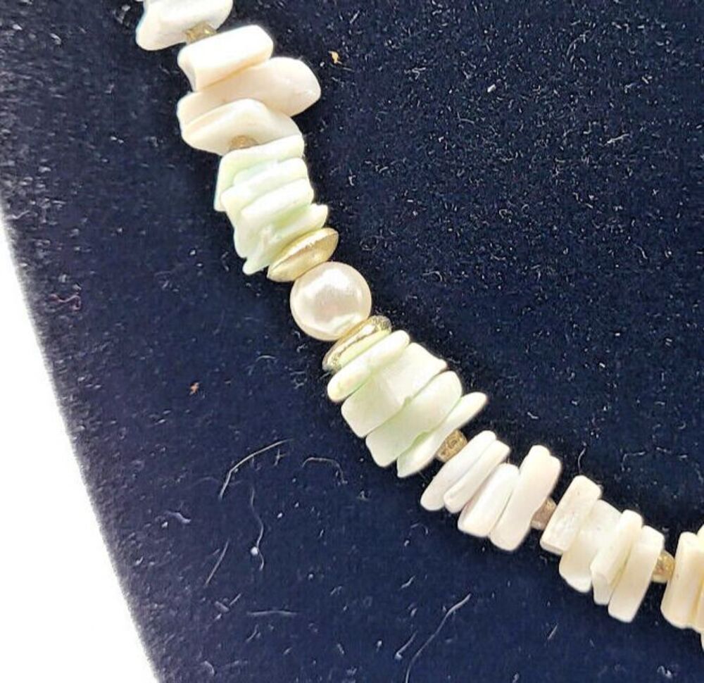 Vntg Puka Shell Bracelet & Necklace set Pearls and Raw Silver Beads 17.5" & 10"